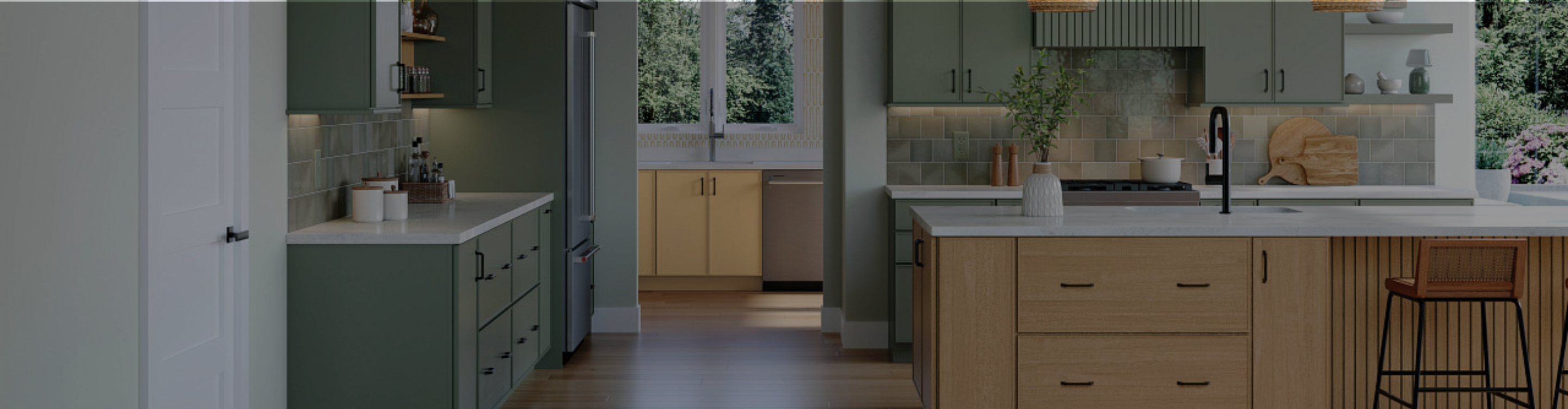 custom pantry off of a kitchen with green and orange cabinetry
